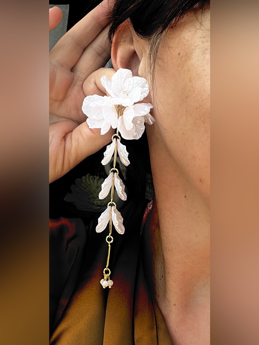 Camila Coelho floral drop earrings iridescent white gold NWT